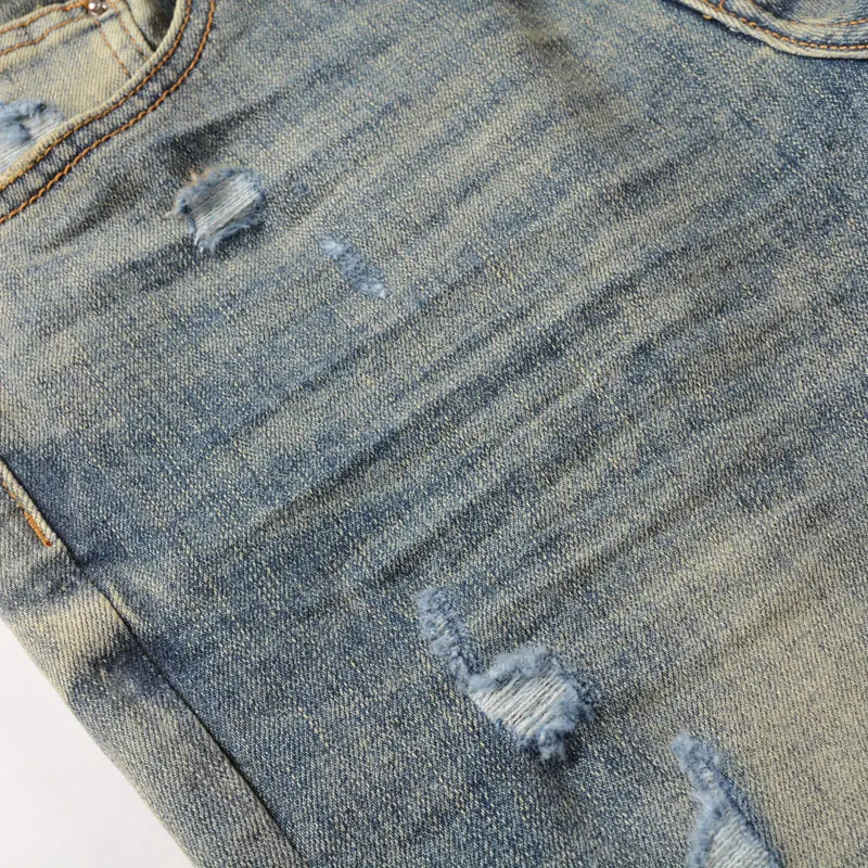 Fashionable new high-quality jeans men's jeans retro light blue washed nostalgic stretch slim fit bead patch jeans high street h
