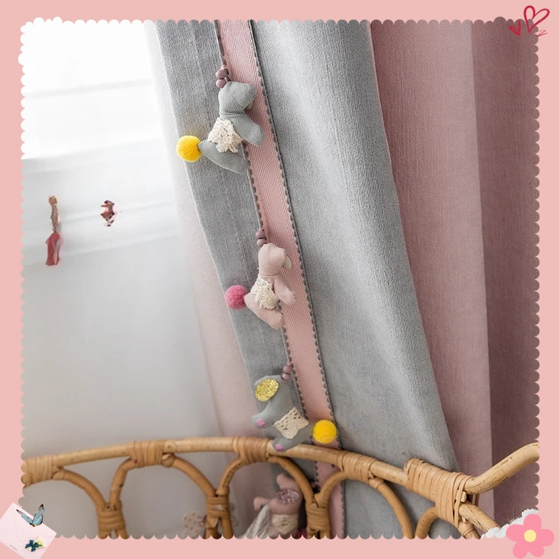 Children's Room Pony Lamp Corduroy Fabric Balcony Color Block Curtains for Girls and Boys Drapes for Living Dining Room Bedroom