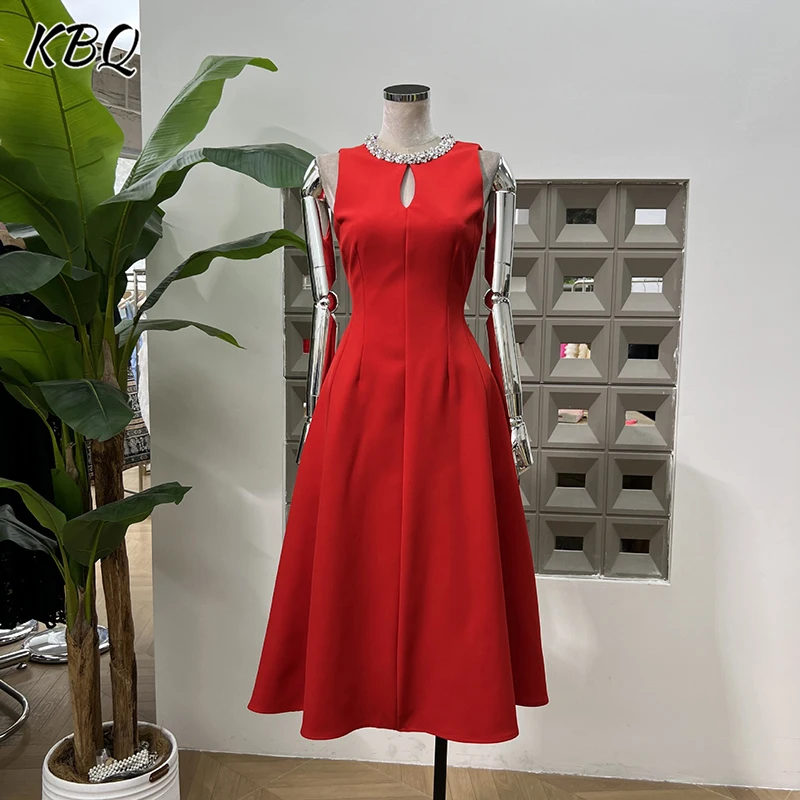 

KBQ Elegant Solid Spliced Diamonds Slimming Dresses For Women Round Neck Sleeveless High Waist Draped Temperament Dress Female