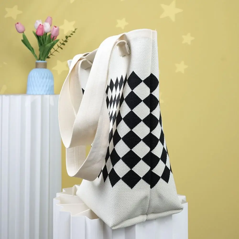 Borsa a tracolla lavorata a maglia a rombo Borsa tote scozzese di grande capacità all'uncinetto Maniglia comoda Borsa sotto le ascelle in tessuto casual Shopping