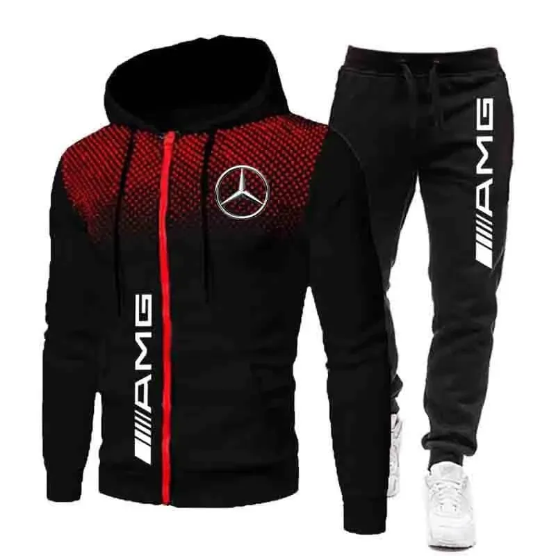 

Mercedes-Benz Men's sportswear set: Printed casual polka dot zipper jacket + jogging sport pants 2-piece hooded sweatshirt