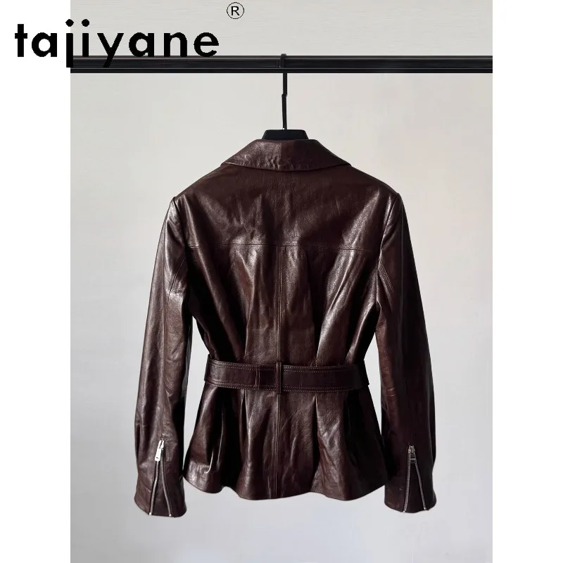 TAJIYANE Sheepskin Genuine Leather Jacket Woman Waxed Leather Blazers Outerwear Cropped Biker Jackets of Women Waist Belt Косуха