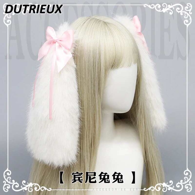 

2024 New Girls Lolita Accessories Cute Bowknot Big Rabbit Ears Plush Headband Sweet New Headwear Fashion Headband for Women