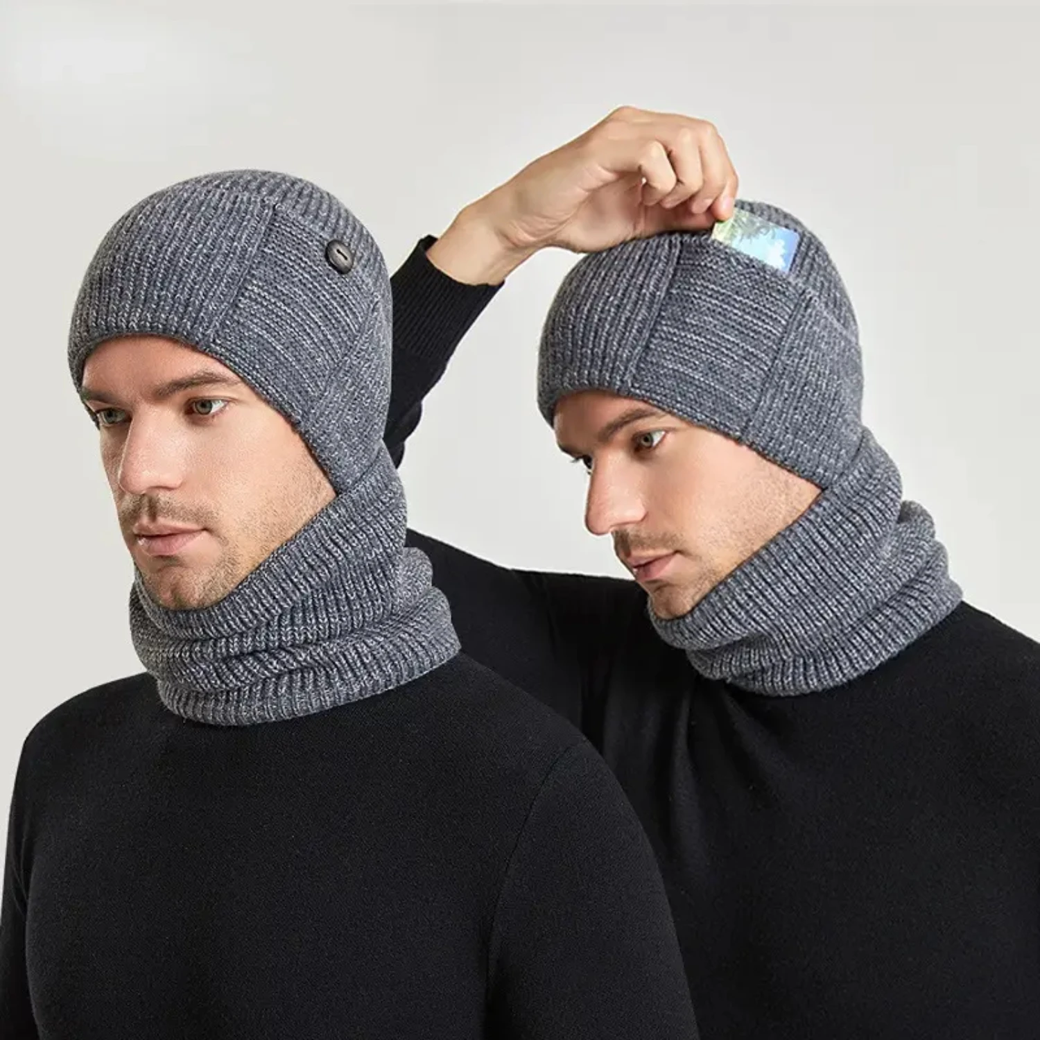 2pcs/set Winter Men's Hat Muffler Set Warm Ear Protection Knitted Wool Cap Multi-functional Pullover Cap