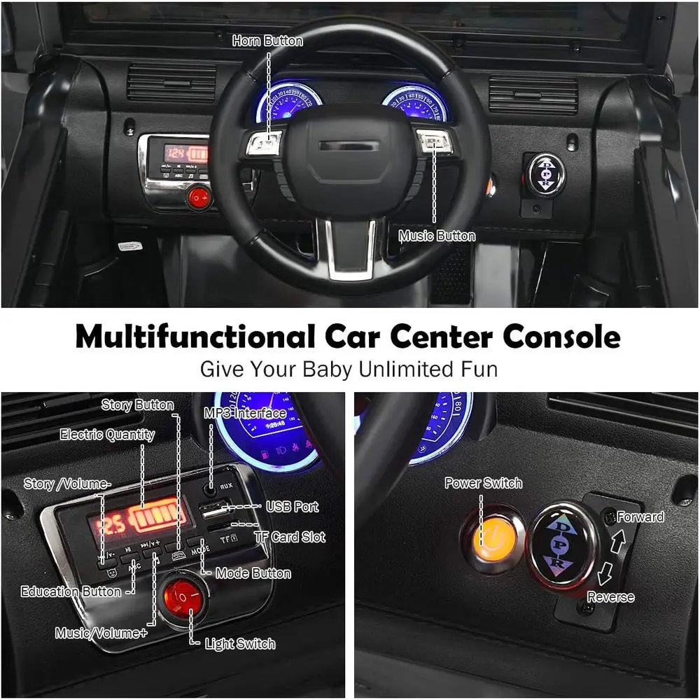 Ride on Car, véhicule électrique alimenté par batterie 12 V avec télécommande parent, suspension à ressort, stockage, 3 vitesses, noir