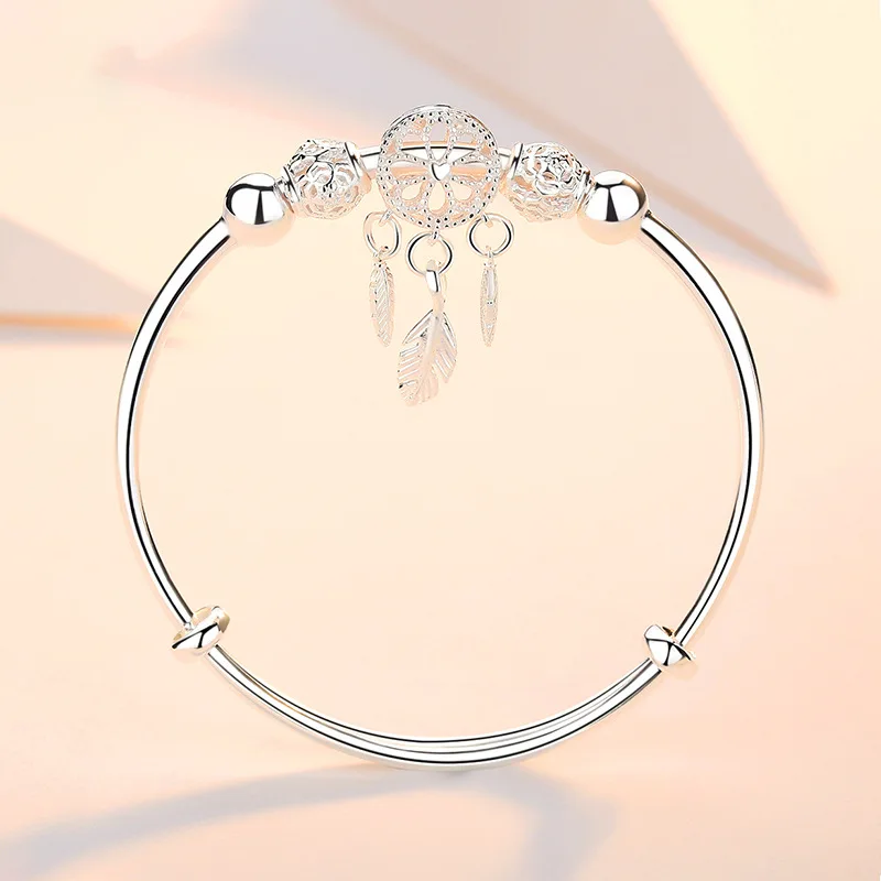 Adjustable 925 Sterling Silver Bangle Dreamcatcher Tassel Feather Round Bead Charm Bracelet Cuff For Women Elegant wedding