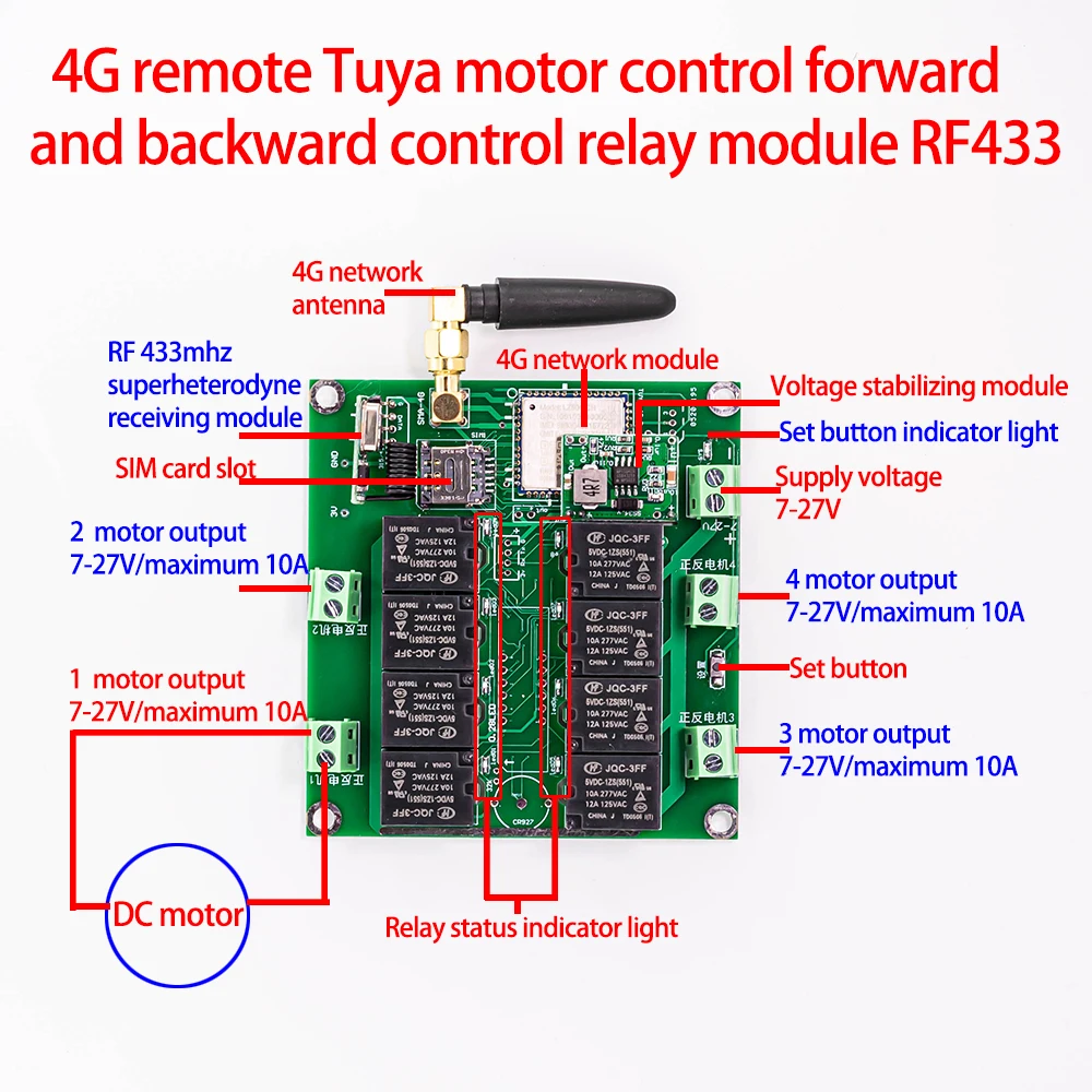 Tuya 4 Channel 4G Smart Motor Forward Reverse Controller Module Switch Jog Interlocking Timing Relay with RF 433MHZ