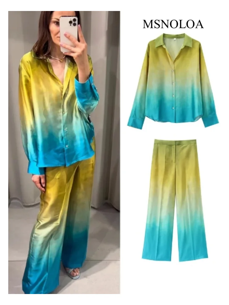 MSNOLOA 2024 Summer New Product Women\'s Fashion Casual Long Sleeve Tie Dyed Silk Texture Shirt Loose Silk Texture Pant Set