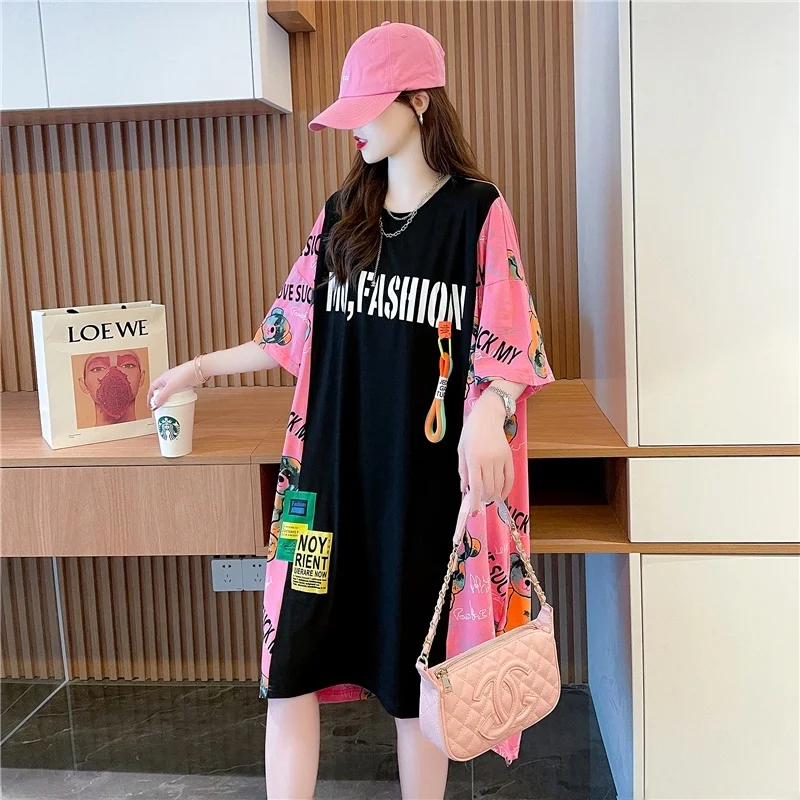 Extra Large 300 Pou mi-longue ort-savé t-shirt Dr paresseux été nouveau Sle ample Version coréenne imprimé h-line Dr