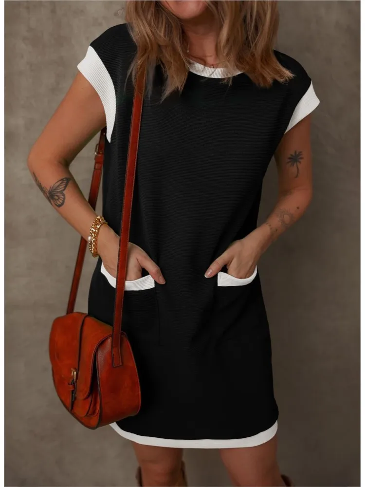 Summer Loose Dresses Women's Casual Pocket Blocked Straight Tube T-shirt O-Neck Short Sleeve Mini Dresses For Women Streetwear