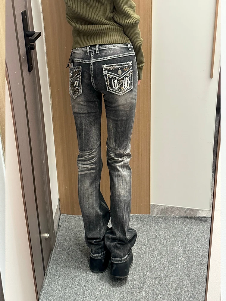 

Женские джинсы в американском ретро-стиле с высокой талией, вышивкой и карманами, винтажный вид, облегающий крой, длина в пол