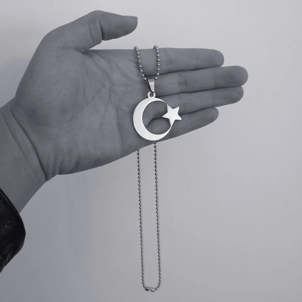 Men's Women's Spirit Stainless Steel Crescent Star Necklace Islamic Muslim Amulet Pendant Turkish Religious Jewelry Accessories