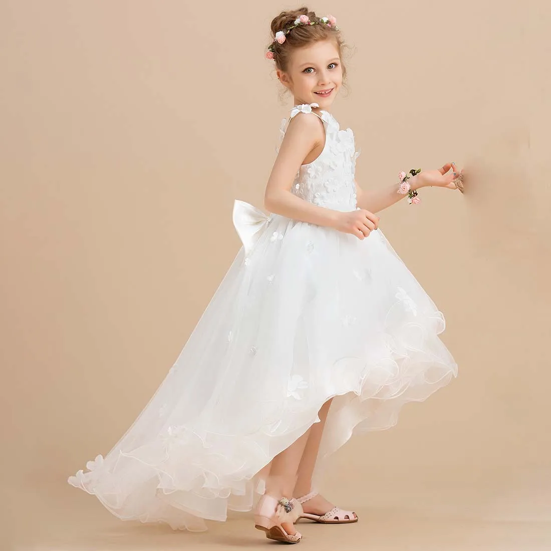 YZYmanualroom Ball-Gown Princess Junior Bridesmaid Dresses V-Neck Asymmetrical Tulle Flower Girl Dress 4-15T