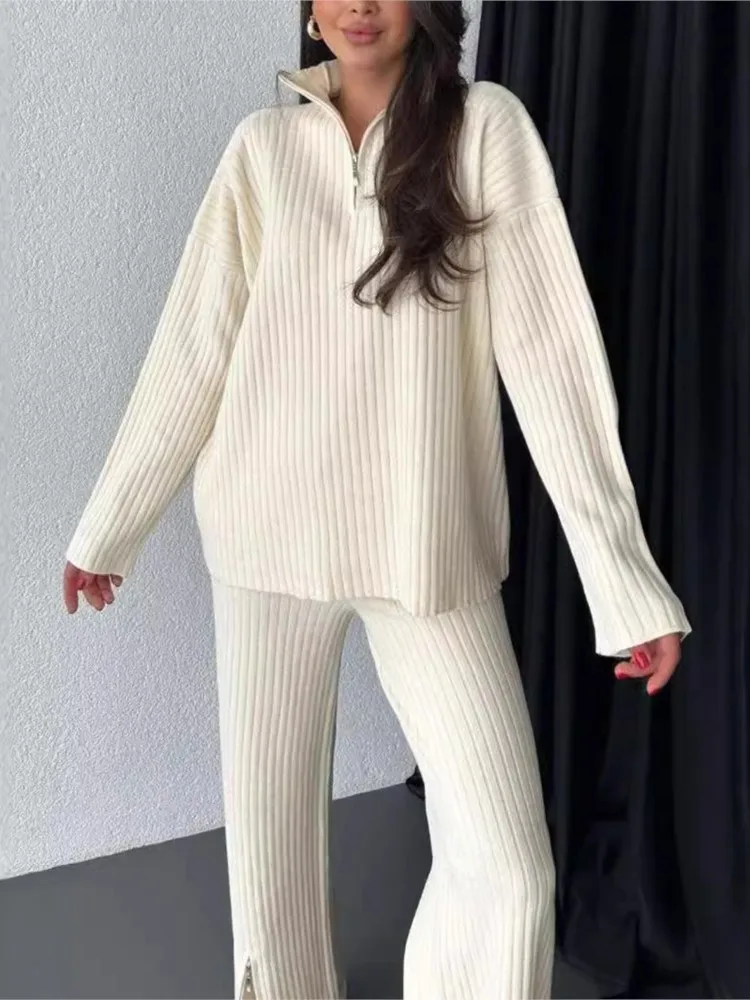 Casual Knitted 2 Piece Sets Women Outfits 2024 Autumn Winter Simple Long Sleeve Tops & Zipper Split Wide Leg Pant Set Women Suit