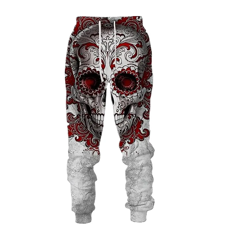 Pantaloni da jogging autunnali alla moda da uomo, pantaloni stampati in 3D stile punk da poker scheletro horror, pantaloni fitness casual da strada neutri Q0162