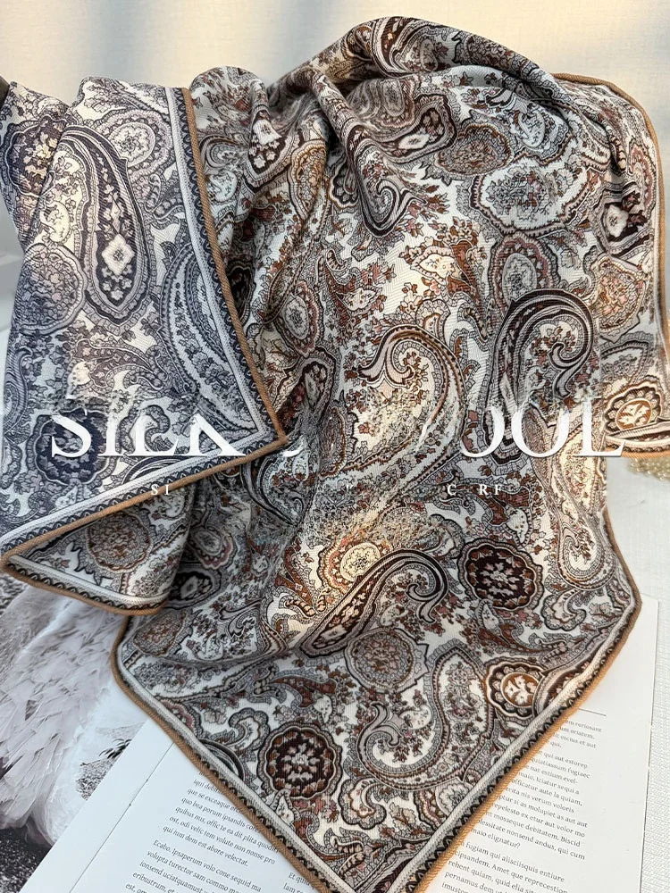 秋冬女性のカシミヤシルクスカーフペストウォールナット花柄プリント65シルクウールスクエアスカーフ多用途ネックウォーマーショルダーショール