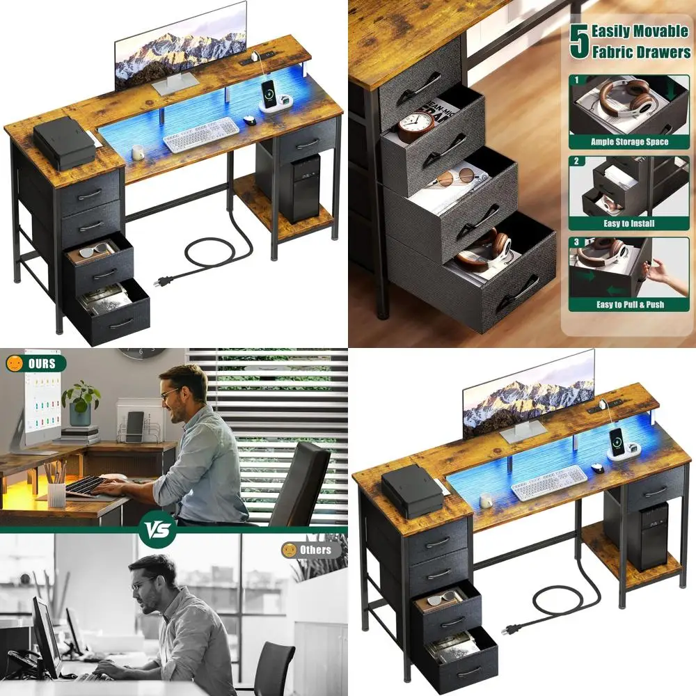 

Регулируемый игровой стол 47 дюймов с LED-подсветкой, розетками и тканевыми выдвижными ящиками для домашнего офиса, учебы, письма в стиле рустик (цвет B)