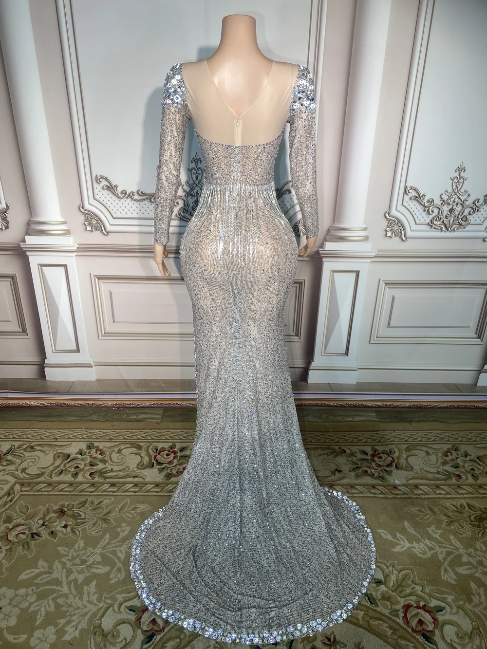 Elegant Birthday Celebrate Wedding Gown Dress Sparkly Rhinestones Long Tail Dress Sexy Mesh Split Evening Dress Stage Wear