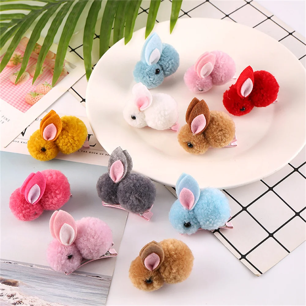 Cute Hair Ball Rabbit Hair Clip Children Girl Cartoon Animal Hairpins Korea Simple  Duckbill Clip Bangs Barrette Headwear