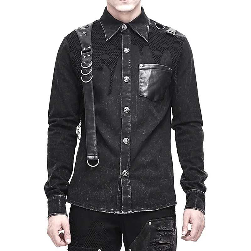 2023 Punk Men\'s Long Sleeved Rivet Bandage Shirt  Rock Casual Asymmetric Shirt  Spring and Autumn Broken Top