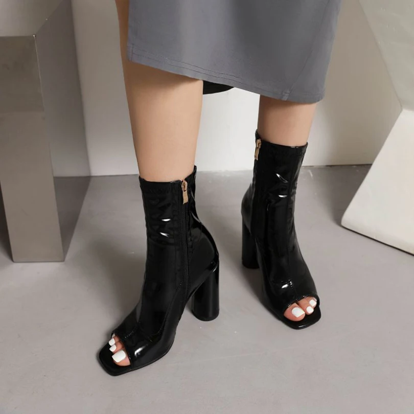 Plus Size Patent Leather Material Peep Toe Short Shoes With Extra High Thick Heel Hollow Out And Breathable Open-Toe Boots