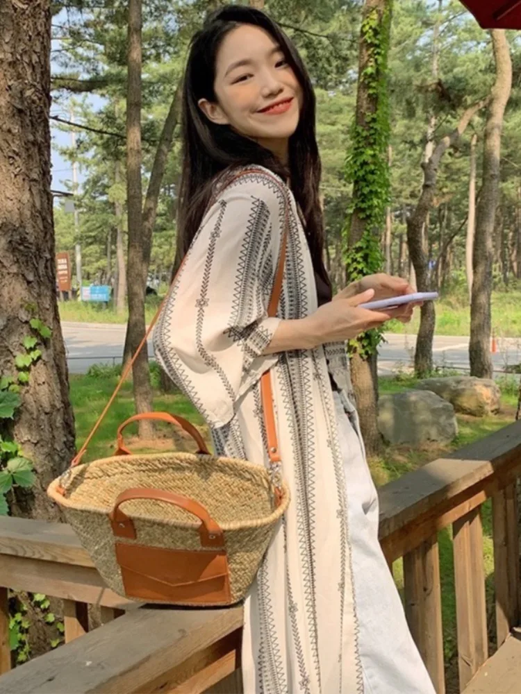 Retro pigro stampa etnica Batwing Sve irt Abito da donna con protezione solare allentata con spacco dal design coreano Faionable Seven-Sve Bl...