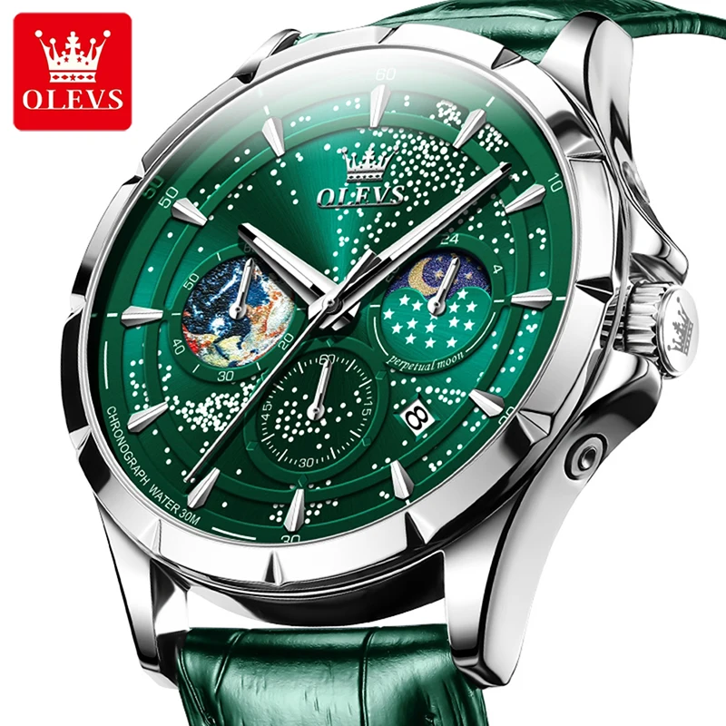 OLEVS 2023 New Men Watch Fashion Starry Sky Dial Design Multifunctional Quartz Watch Green Leather Strap Relogio Masculino 5538