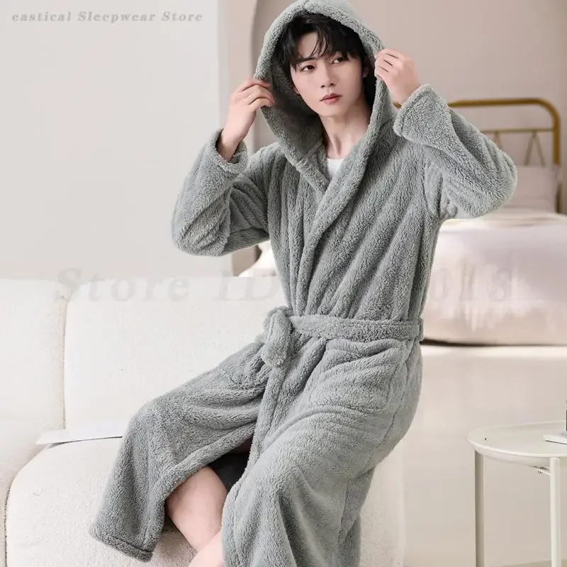 

Thicken Warm Coral Fleece Sleepwear Flannel Men Hooded Robe Lounge Wear Nightwear Lingerie Loose Bathrobe Kimono Home Clothes