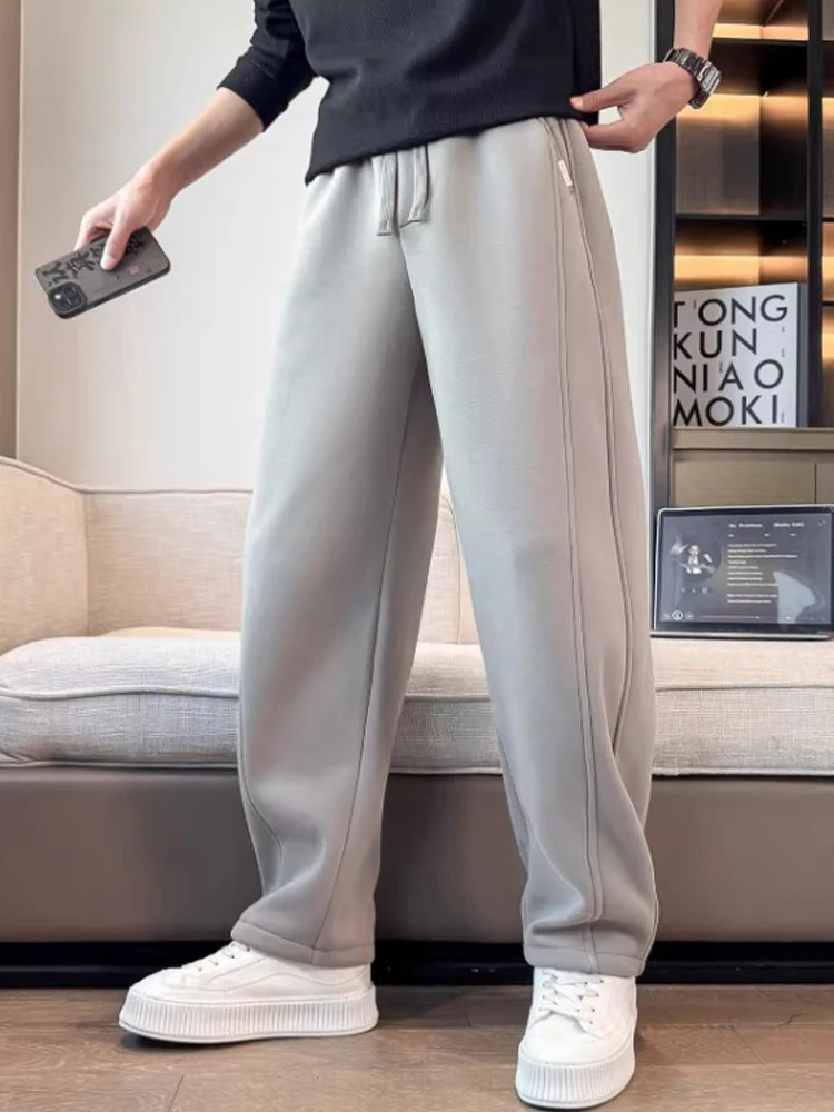 Men's Casual Straight Leg Pants Thickened Fleece Lined Loose Fit Sporty Style Autumn Winter Fashion Trendy New Knife 