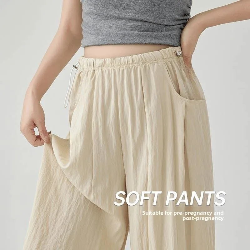 妊婦用快適薄手ワイドレッグパンツ夏速乾9点ゆったりフィットカジュアルパンツ非マタニティ腹対応