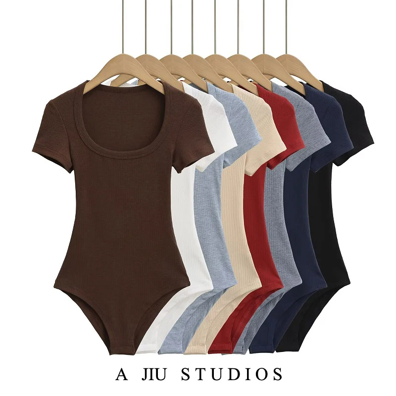 

Street Sle ort Sve Slim Fit T-irt Women's U-Ne Bodysuit High Waist ort Pants Elastic Skin-Tight Sexy Summer Basic