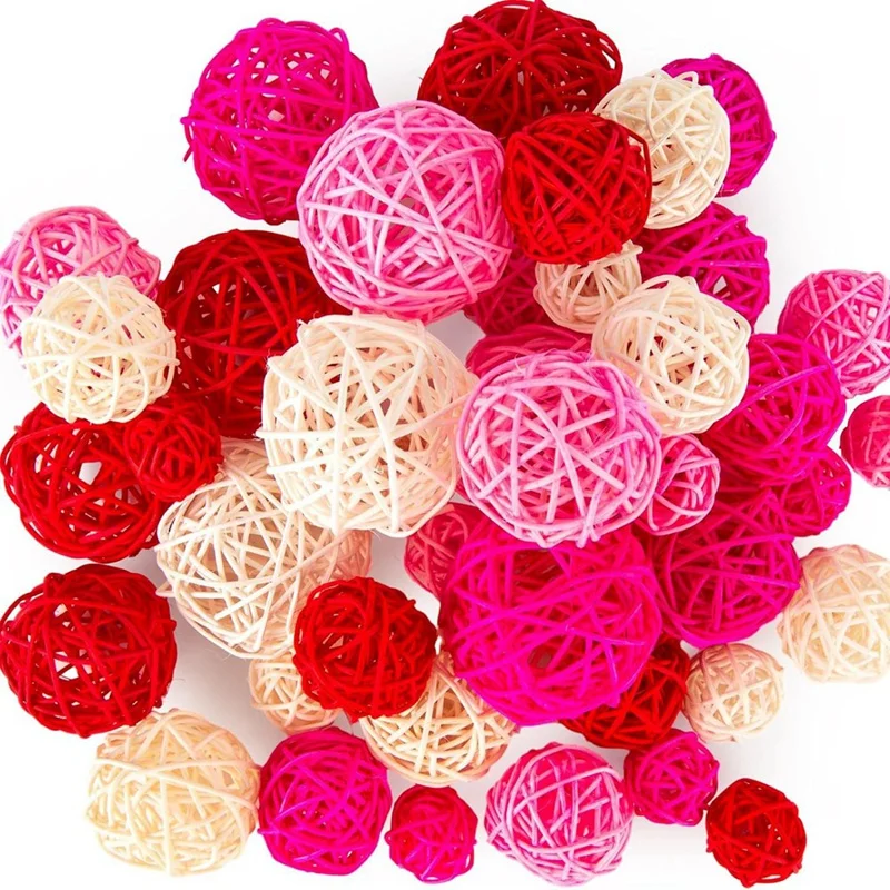 42PCS Wicker Rattan Balls, Pink Rattan Balls Bowl Fillers Vase Fillers For Wedding For Birthday Party Home Table Decor