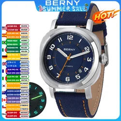 BERNY Orologio meccanico da uomo Cuscino Custodia da 38 mm Cuscino Zaffiro Lancette super luminose Orologio da polso Orologio da uomo con calendario in tela