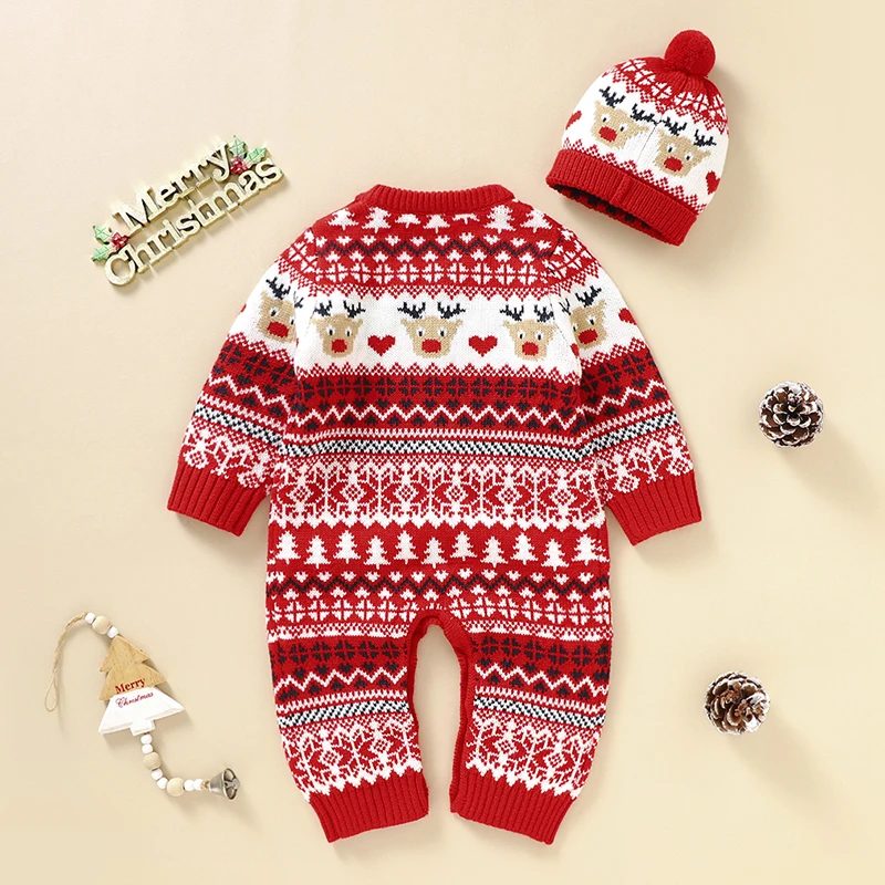 Christmas Elk Autumn Winter Kids Baby Boys Girls Rompers Clothes + Hat Infant Baby Boy Girl Long Sleeve Knitting Rompers Clothes