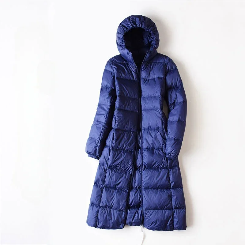 New Women Frivolou Down Jacket Winter Coat Female Long Knee Length Parkas Large Size Hooded Outwear Thin Comfortable Outcoat