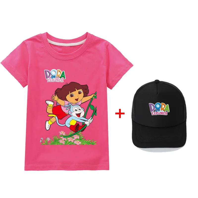 Fashion Casual Summer Dora suit children's top T-shirt + Hat birthday girl kids clothes stars Cartoon t shirts clothes for teens