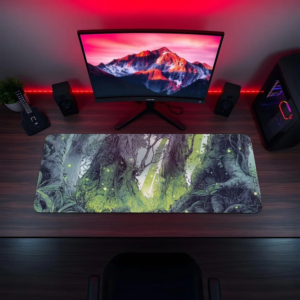 

Anime Style Magical Forest Desk Mat Extended Gaming Mouse Pad with Stitched Edges Anti-Slip Base for Gamers Nature Aesthetic