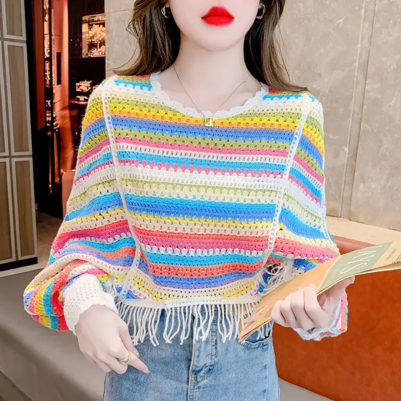 

Exquisite Autumn New Loose Fashion Age Reduction Crochet Hollow Rainbow Striped Fringed Knitted Sweater Short Top Women