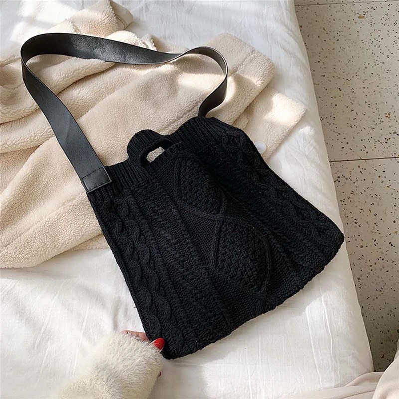 Female Woolen Knitted Braid Criss Cross Handbag Teenager Crochet Winter Korean Fashion Retro Chic Big Capacity Over Shoulder Bag