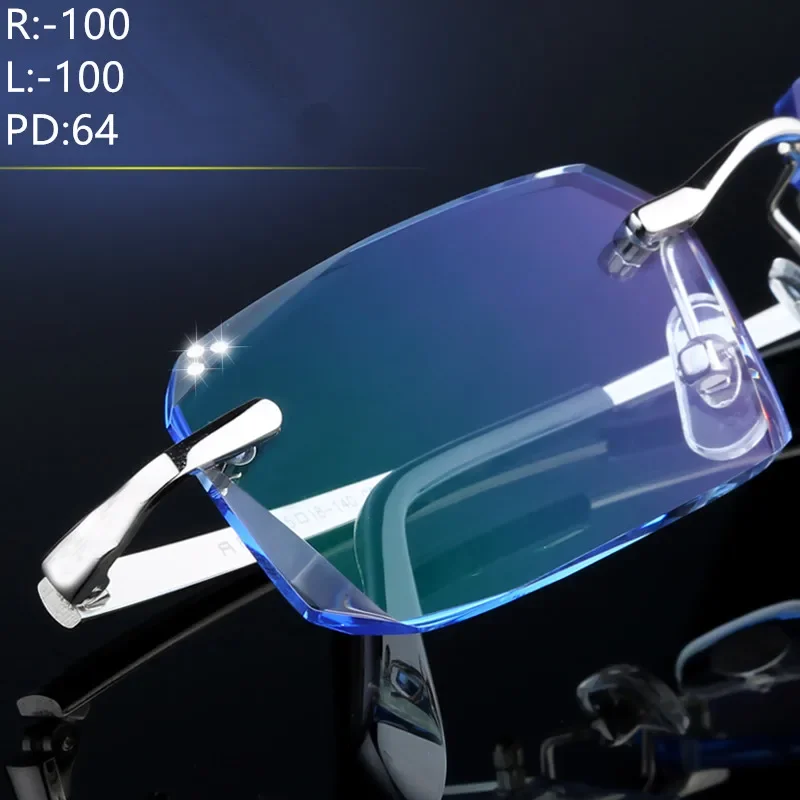 +/- Customize Rimless Eyeglasses Finished Color Diamond Trimmens Eyewear Prescription Titanium Myopia Correction for Men