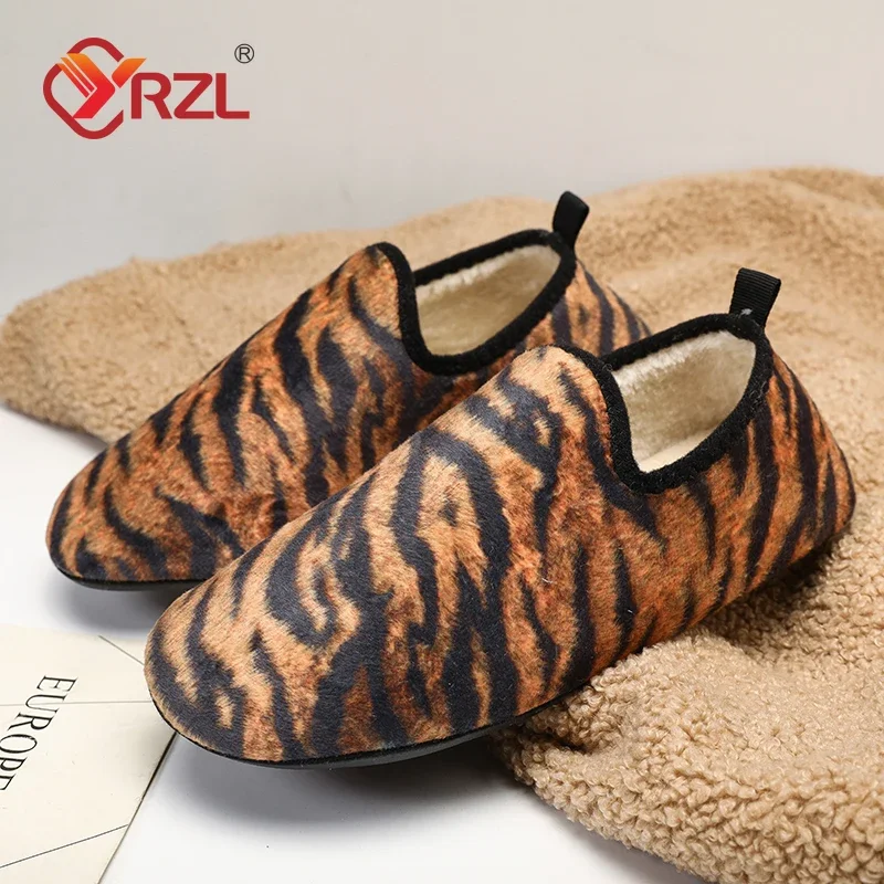 YRZL Winter Cotton Men Tiger Stripe Warm Slip on Lightweight Slippers Women Plush Home Cotton Loafers Unisex Winter Warm Shoes