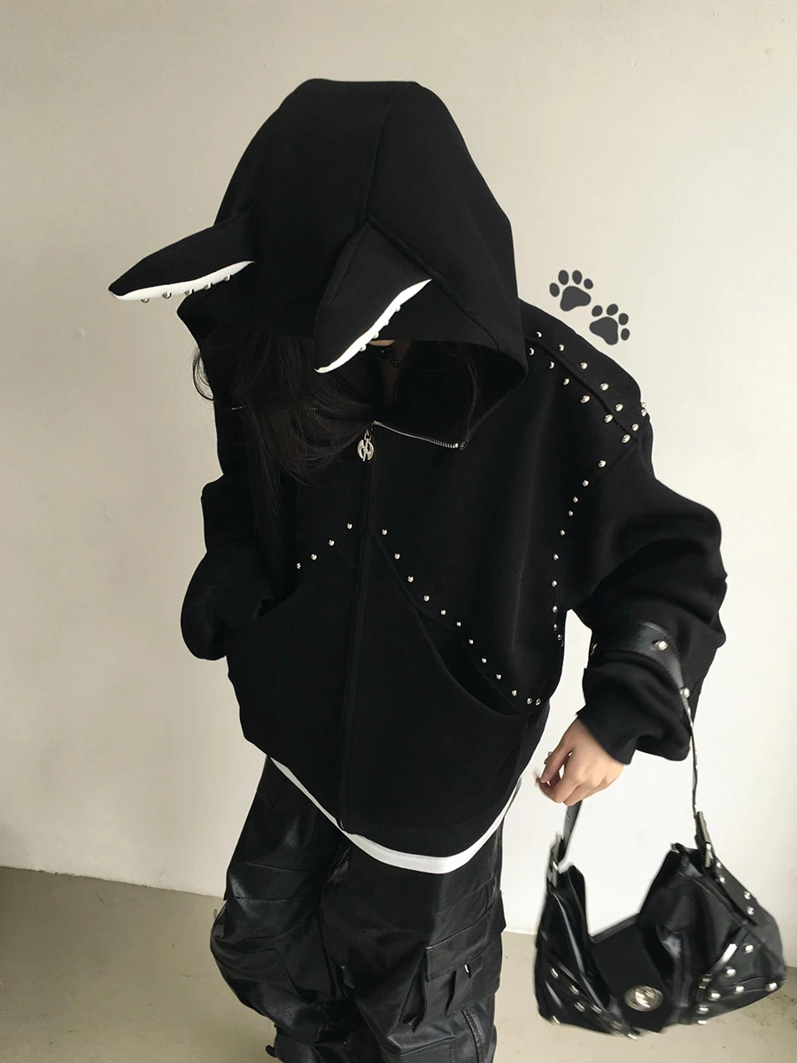 ReddaChic Modna damska bluza z kapturem na zamek z rogami, kieszeniami, zdobiona ćwiekami w stylu hiphop, oversize, casualowa, nowa kolekcja jesień, streetwear