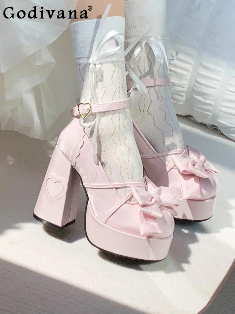 

Japanese Original Elegant Gentle Lady Lolita High Heels Bow Round Head Thick Heel Waterproof Table Jk Uniform Mary Jane Shoes
