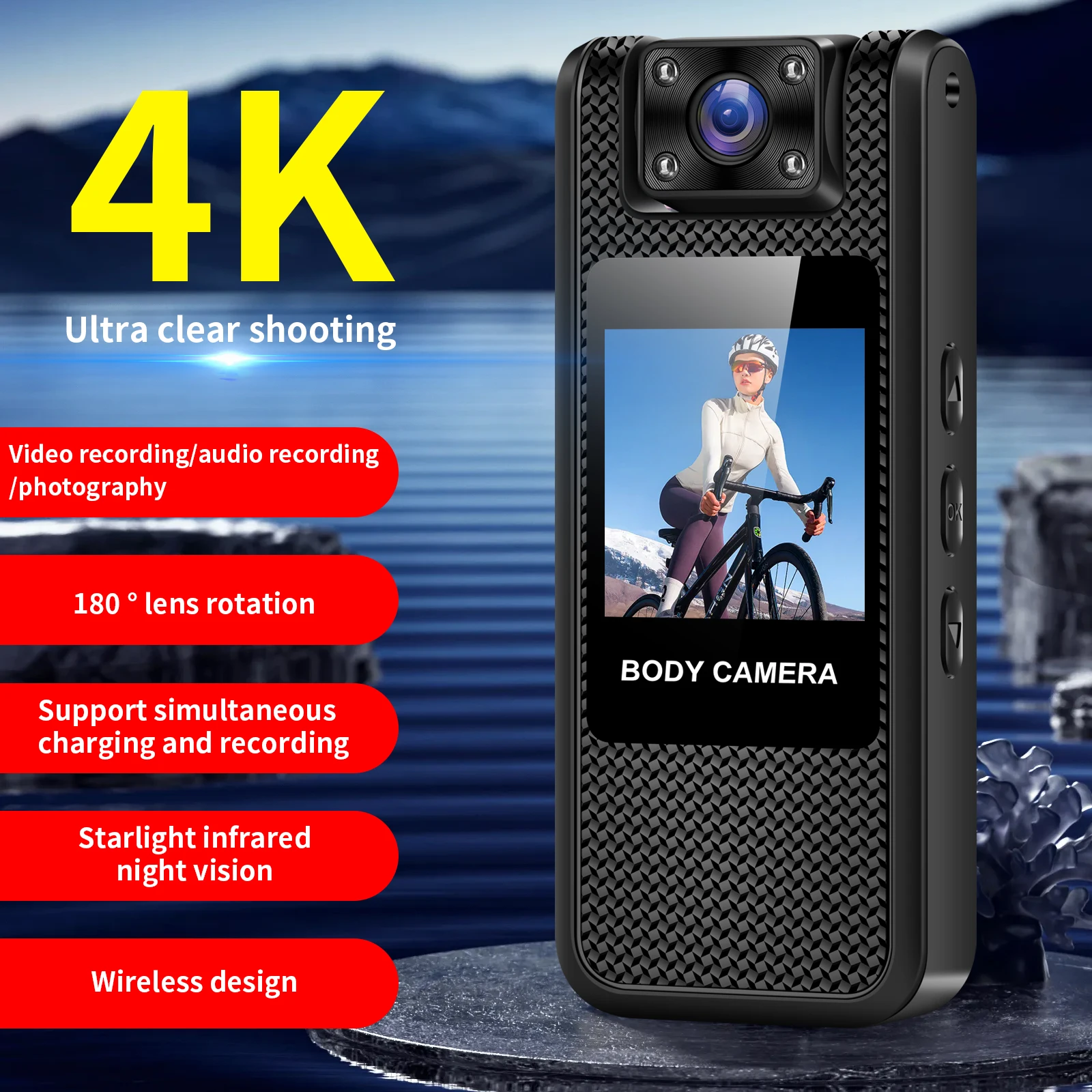 

4K Body Camera Infrared Night Vision 180° Rotating Lens Wireless WiFi Action Camera Long Battery Life with 32/64/128 GB SD Card