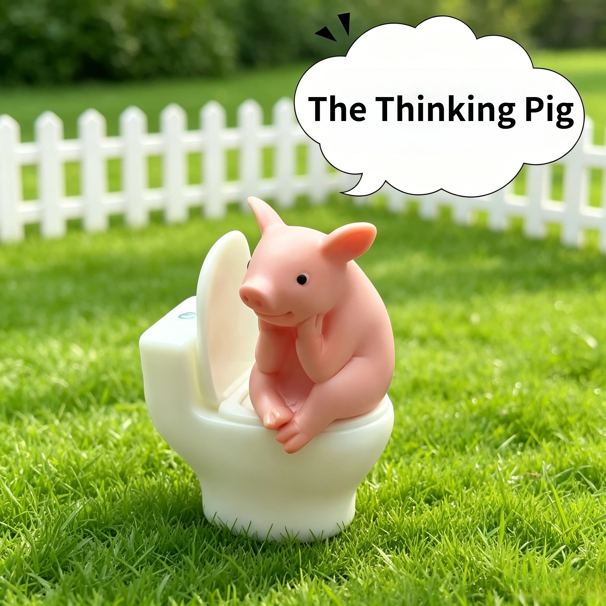 Niedliche Schweinefigur auf der Toilette – eine verspielte Badezimmer-Schreibtischdekoration, die Stress abbaut und als exquisites Ornament dient.