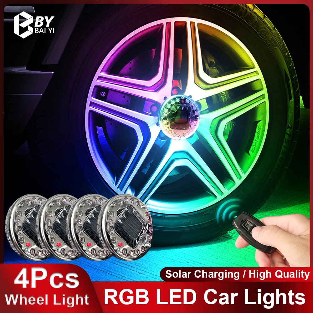 Luces LED RGB para rueda de coche, lámpara de cubo de rueda con Flash de 7 colores, con Control remoto, carga Solar, accesorios de neón, 4 piezas