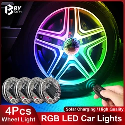 4Pcs LED Car Wheel Lights RGB Car Ambient Light Remote Control Flash Wheel Hub Lamp Solar Charging Neon Car Accessories