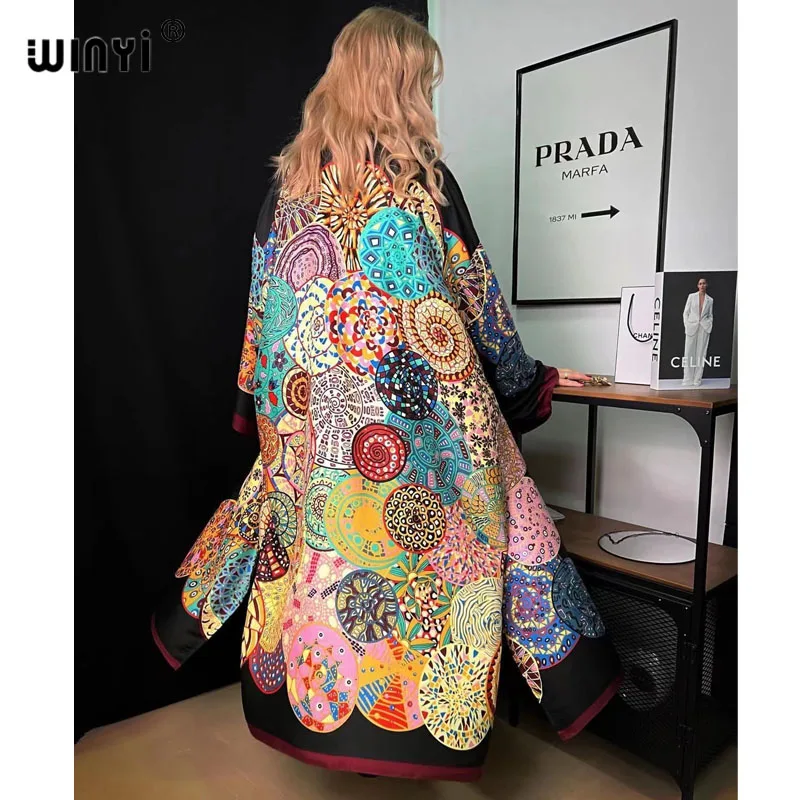 Imagem -04 - Winyi Europa Estilo Nacional Impressão Praia Boêmio Longo Cardigan Encobrimento Ponto Casual Boho Solto Feriado Quimono Cabolsa Kaftan