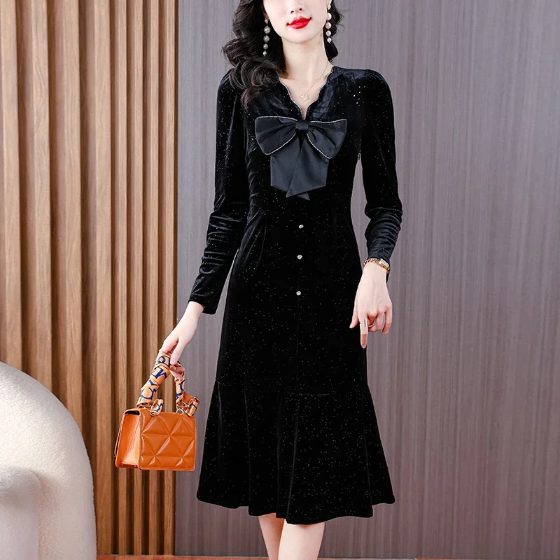 

Осень 2024, женские винтажные бархатные платья миди с блестками, зимнее повседневное вечернее платье с принтом, женское элегантное облегающее вечернее платье, Vestidos