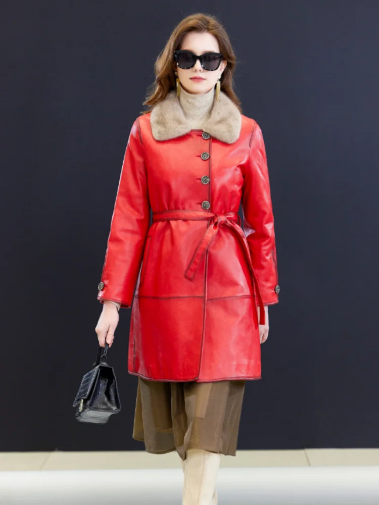 Winter Frauen Warme Echtes Leder Unten Jacke Nerz Pelz Kragen Weiche Schaffell Langen Mantel Mit Gürtel Slim Fit OL Arbeit Graben Mäntel